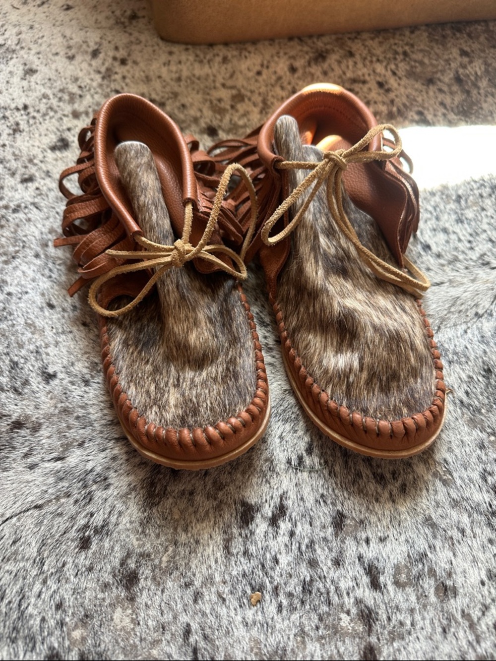Women’s Brown Cowhide Fringe Broncy Donkey Moccasins